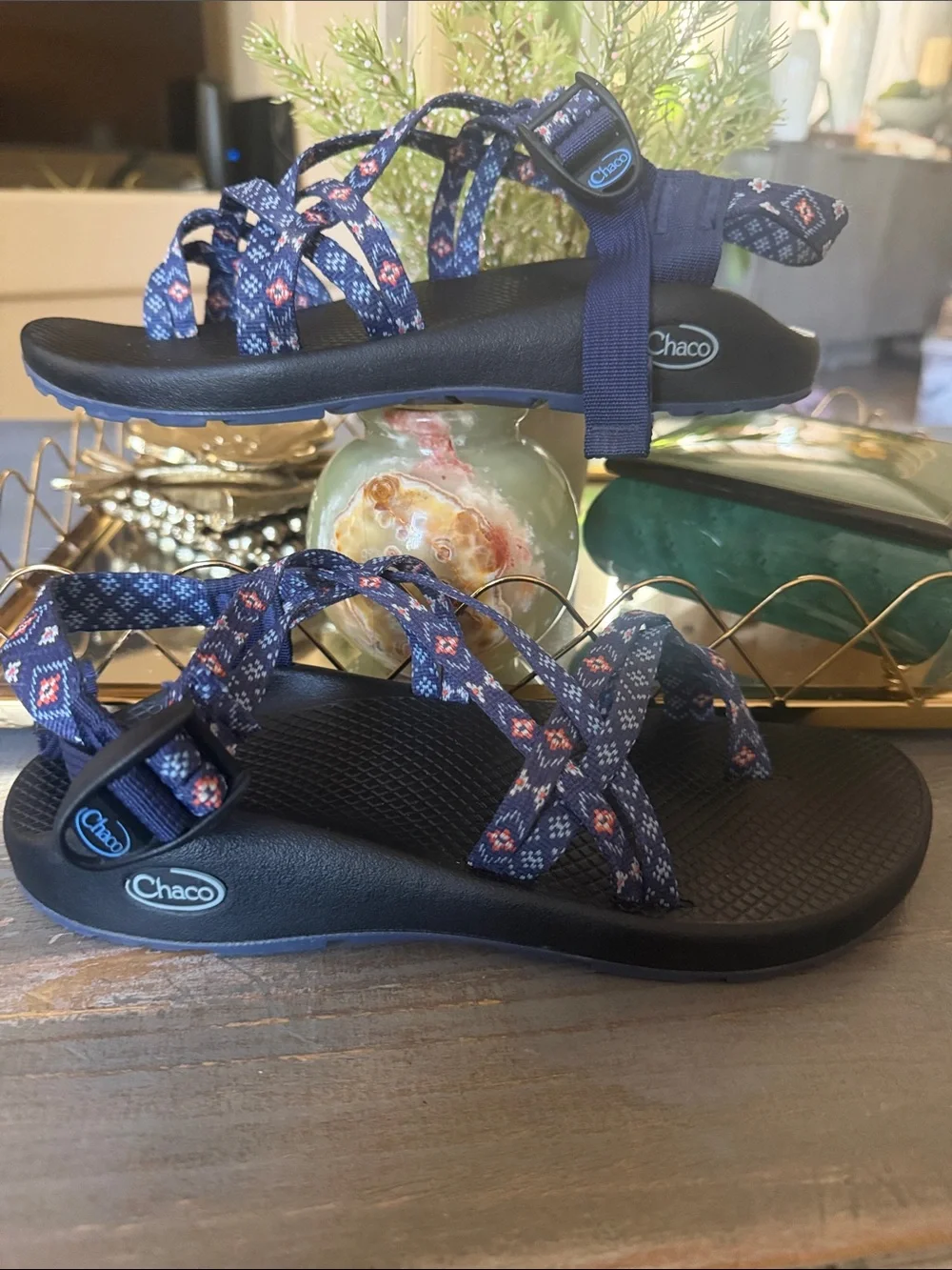 Chaco Women's Navy Patterned Strap Sandals with Black Footbed